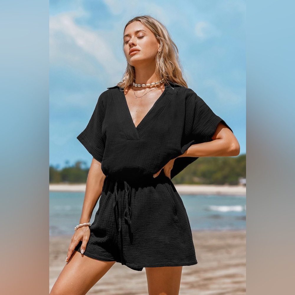 Cupshe Black V-Neck Short Romper Swim Coverup